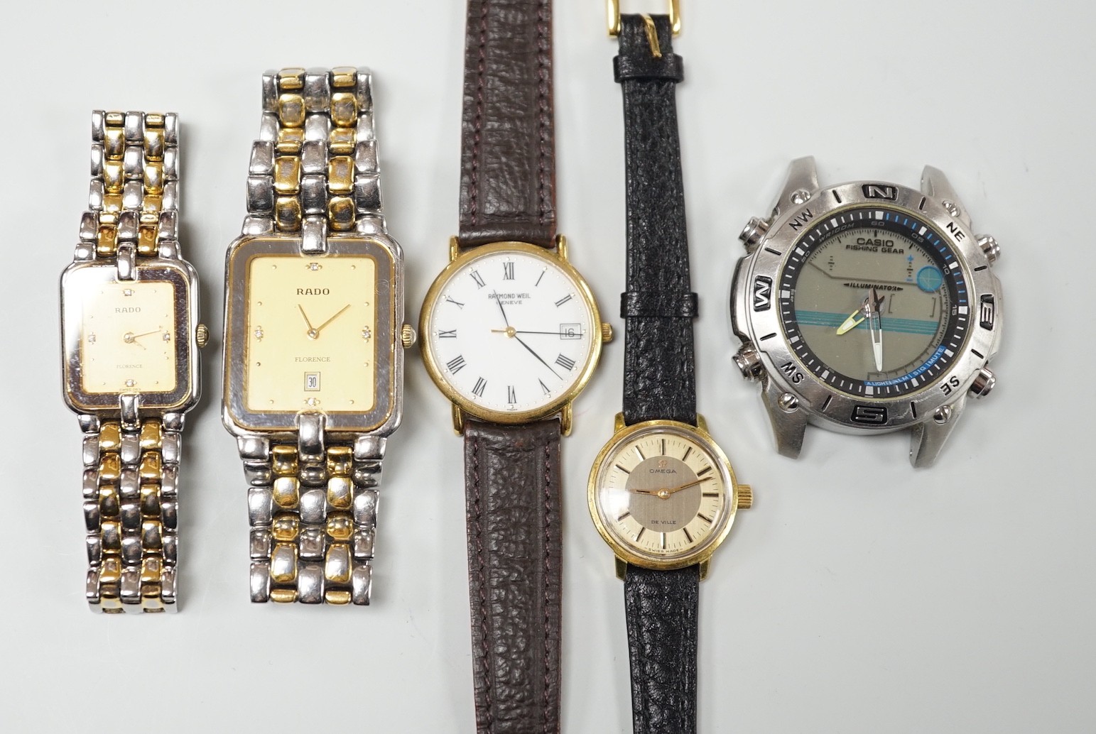 Five assorted wrist watches including lady's gold plated Omega De Ville, with box, a lady's and gentleman's steel and gold plated Rado, Raymond Weil and Casio digital.